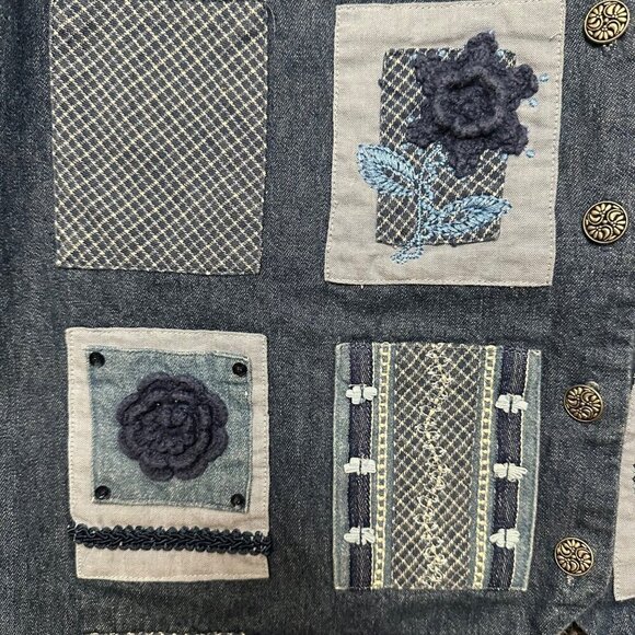 Vintage Vest Napa Valley 90's Denim Patchwork‎ Embroidery Crochet Detail Size M - Picture 3 of 8